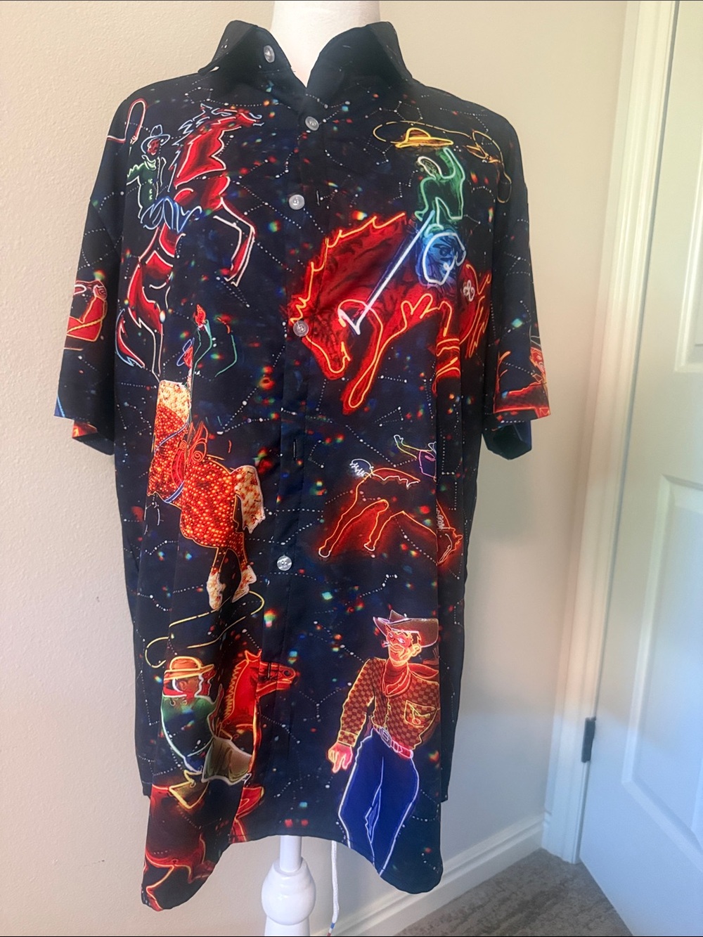 Unisex Neon Cowboy Print Button-Up Shirt - Black